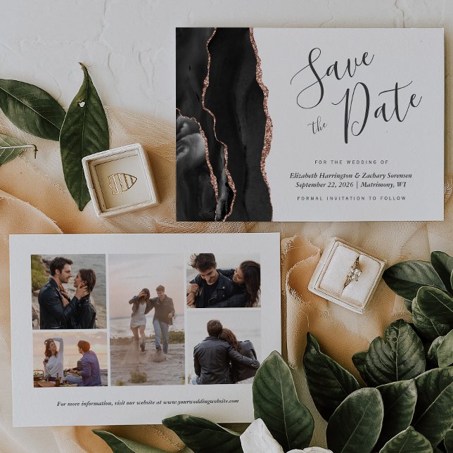 5-Photo Black Rose Gold Agate Save the Date Card (Creator Uploaded)