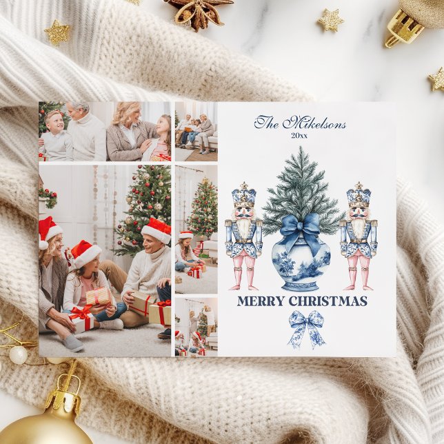  5 Photo Blue Chinoiserie Nutcracker Christmas Holiday Card (Creator Uploaded)