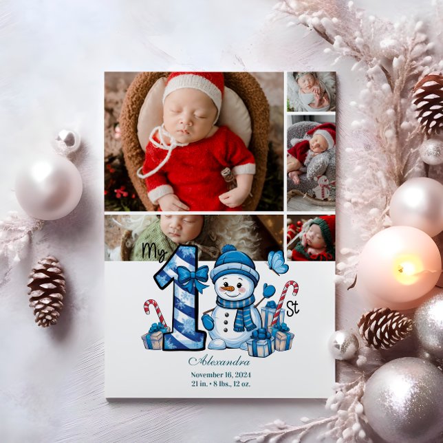 5 Photo Blue Snowman First Christmas Holiday Card (Creator Uploaded)