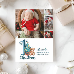 5 Photo Blue Teddy Baby 1st Christmas Holiday Card
