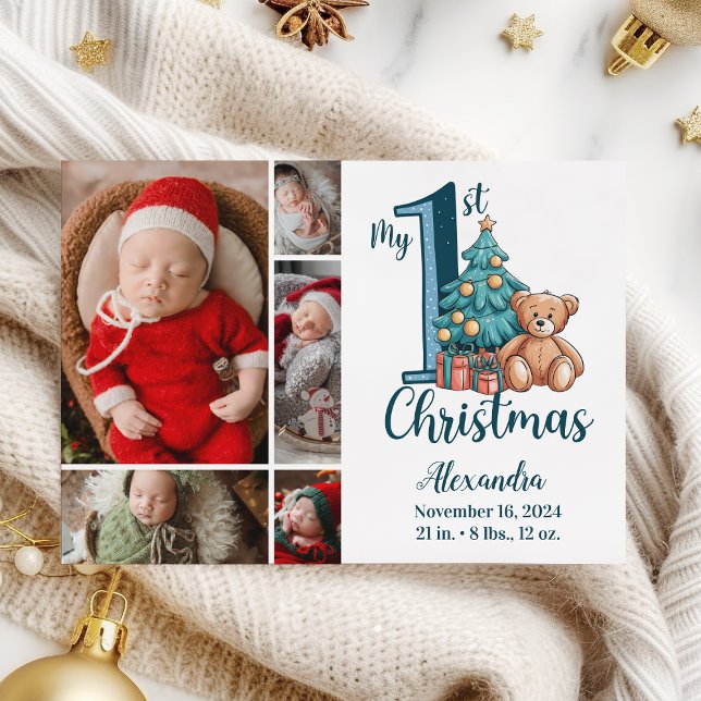 5 Photo Blue Teddy Baby 1st Christmas Holiday Card (Creator Uploaded)