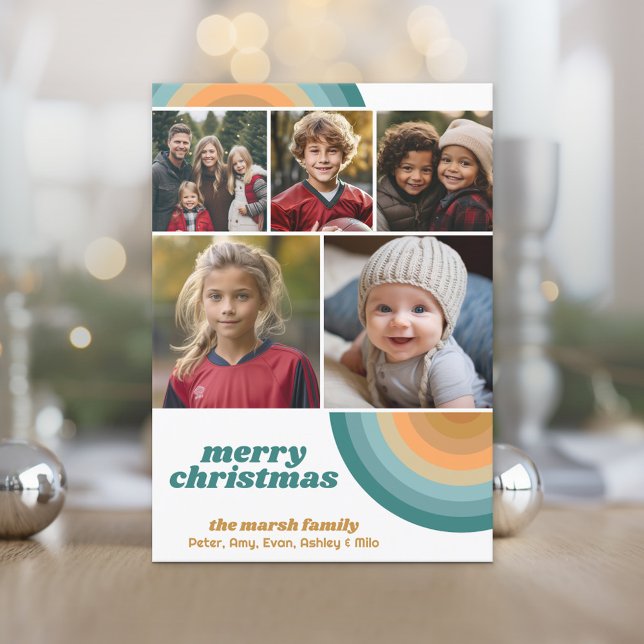 5 Photo Border - Merry Christmas Retro Line Art Holiday Card (Retro Stripe Christmas Photo card with 5 Photos)