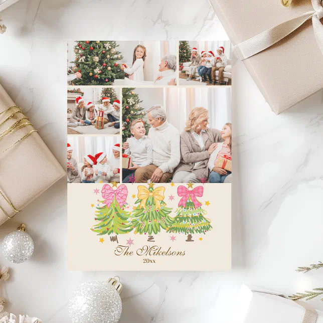 5 Photo Bright Ribbon Trees Holiday Family Card | Zazzle
