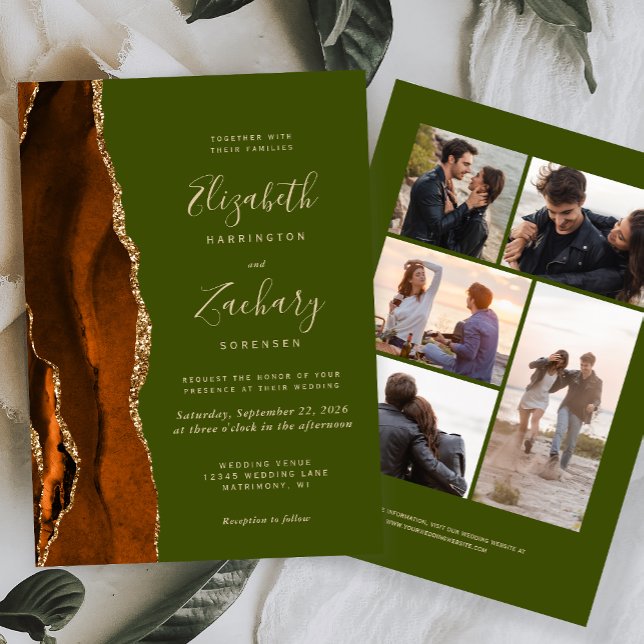 5-Photo Burnt Orange Agate Olive Green Wedding Invitation (Creator Uploaded)