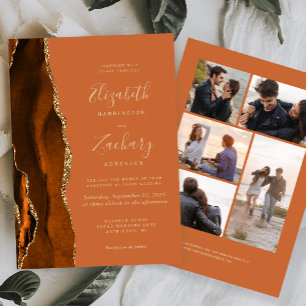 5-Photo Burnt Orange Gold Agate Tan Wedding Invitation