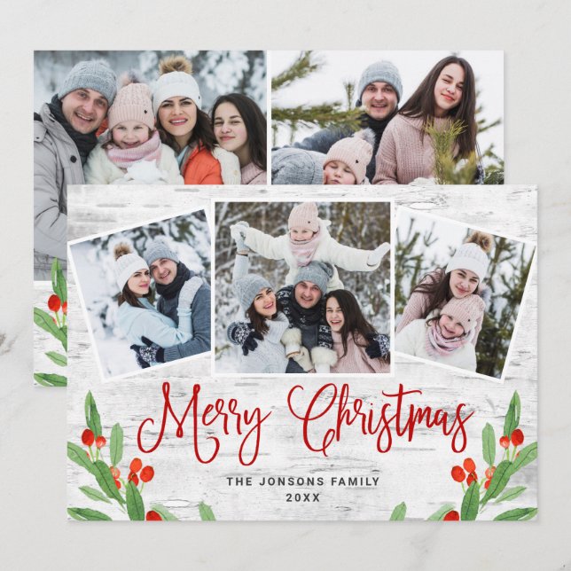 5 PHOTO Christmas Rustic Birch Bark Greeting Holiday Card (Front/Back)