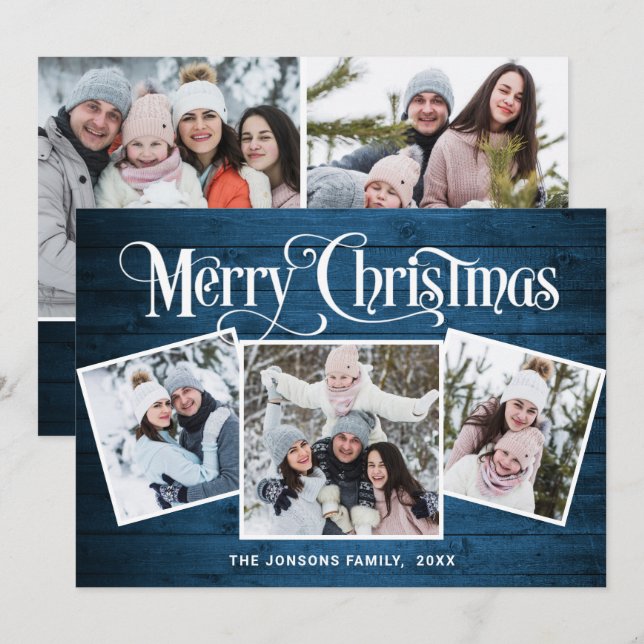 5 PHOTO Christmas Rustic Blue Wood Greeting Holiday Card (Front/Back)