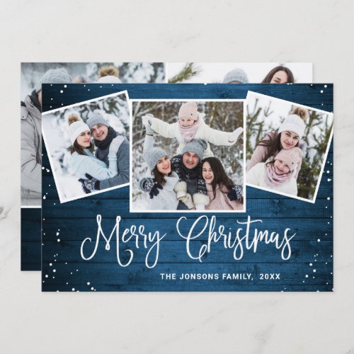 5 PHOTO Christmas Rustic Blue Wood Greeting Holiday Card