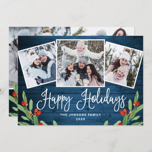 5 PHOTO Christmas Rustic Blue Wood Greeting Holiday Card