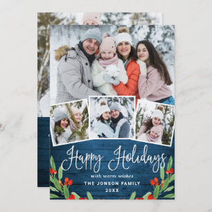 5 PHOTO Christmas Rustic Blue Wood Greeting Holiday Card