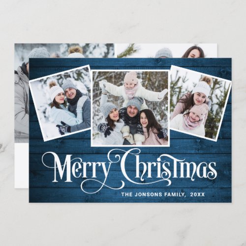 5 PHOTO Christmas Rustic Blue Wood Greeting Holiday Card
