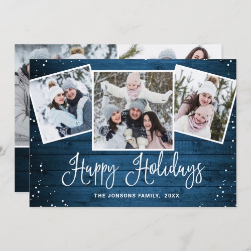 5 PHOTO Christmas Rustic Blue Wood Greeting Holiday Card