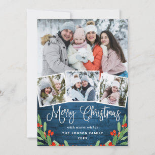5 PHOTO Christmas Rustic Blue Wood Greeting Holiday Card