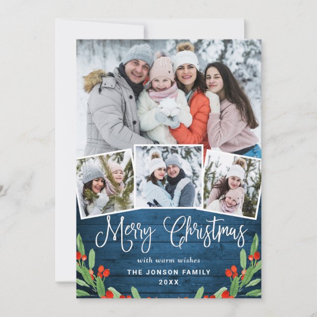 5 PHOTO Christmas Rustic Blue Wood Greeting Holiday Card (Front)