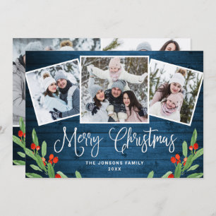 5 PHOTO Christmas Rustic Blue Wood Greeting Holiday Card