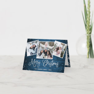 5 PHOTO Christmas Rustic Blue Wood Greeting Holiday Card