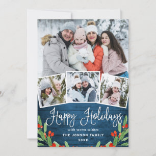 5 PHOTO Christmas Rustic Blue Wood Greeting Holiday Card