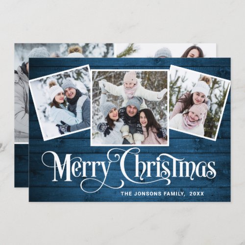 5 PHOTO Christmas Rustic Blue Wood Greeting Holiday Card