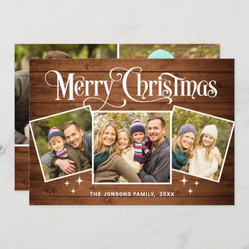 5 PHOTO Christmas Rustic Brown Wood Greeting Boho Holiday Card