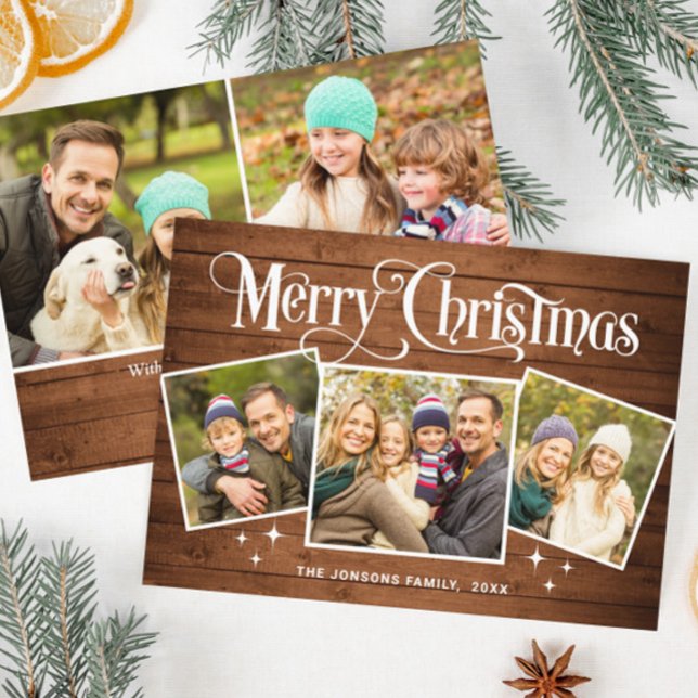 5 PHOTO Christmas Rustic Brown Wood Greeting Boho Holiday Card (Creator Uploaded)
