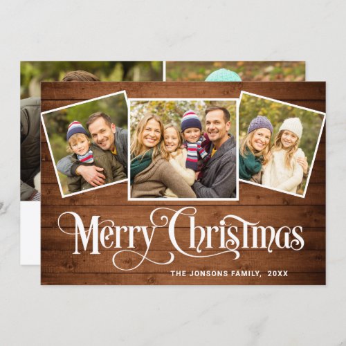 5 PHOTO Christmas Rustic Brown Wood Greeting Holiday Card