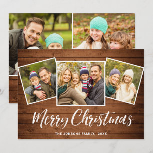 5 PHOTO Christmas Rustic Brown Wood Greeting Holiday Card
