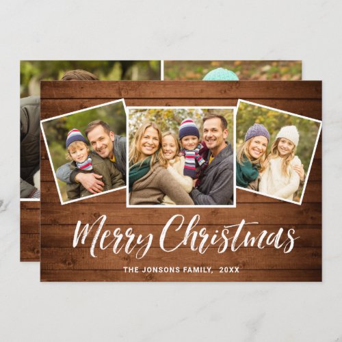 5 PHOTO Christmas Rustic Brown Wood Greeting Holiday Card