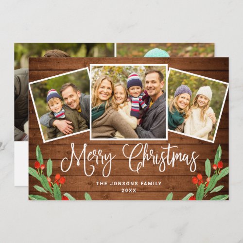 5 PHOTO Christmas Rustic Brown Wood Greeting Holiday Card