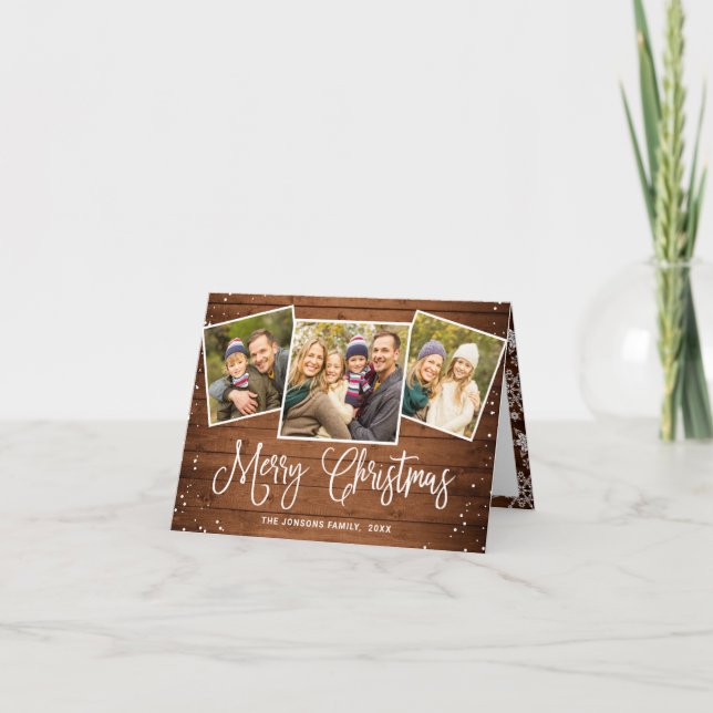 5 PHOTO Christmas Rustic Brown Wood Greeting Holiday Card (Front)