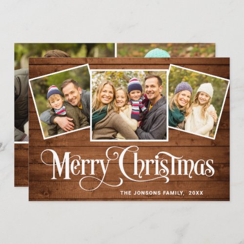 5 PHOTO Christmas Rustic Brown Wood Greeting Holiday Card