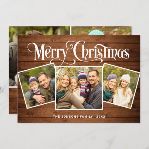 5 PHOTO Christmas Rustic Brown Wood Greeting Holiday Card