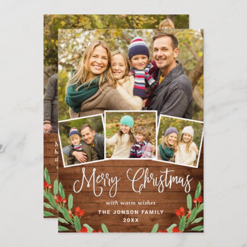 5 PHOTO Christmas Rustic Brown Wood Greeting Holiday Card