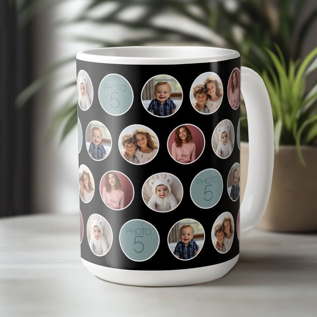 5 Photo Circle Border Collage - Black White Coffee Mug (Custom Photo Collage Mug)