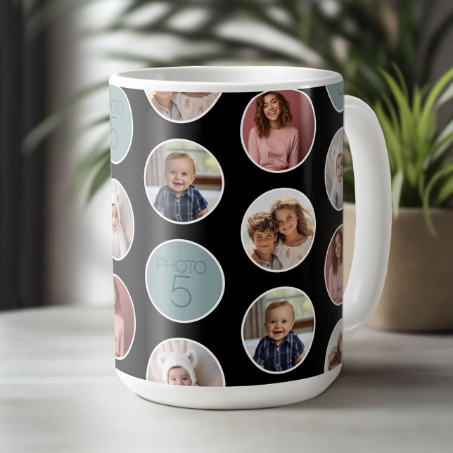 5 Photo Circle Border Collage - Black White Coffee Mug (Custom Photo Collage Mug)