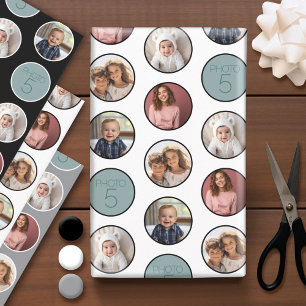 5 Photo Circle Border Collage - Black White Wrapping Paper Sheets