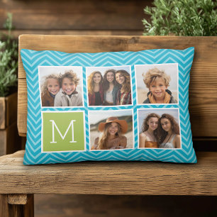 5 Photo Collage - Aqua Blue and Lime Monogram Decorative Pillow
