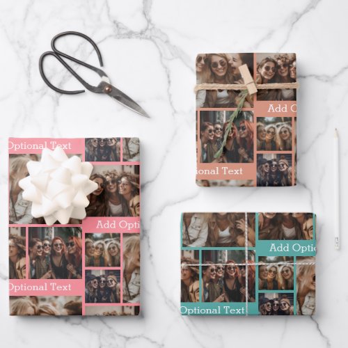 5 photo Collage _ Best Friends Coral Teal Natural Wrapping Paper Sheets