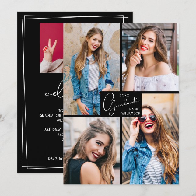 5 Photo Collage Black Graduation Party Invitation (Front/Back)