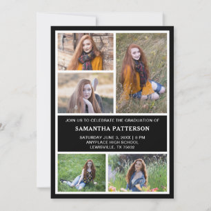  5 Photo Collage Black & White Graduation  Invitation