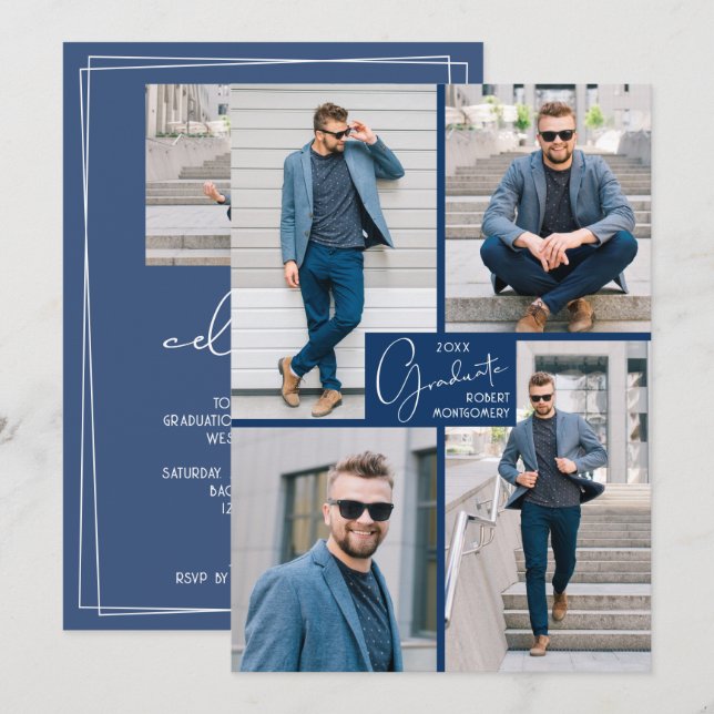 5 Photo Collage Blue Graduation Party Invitation (Front/Back)