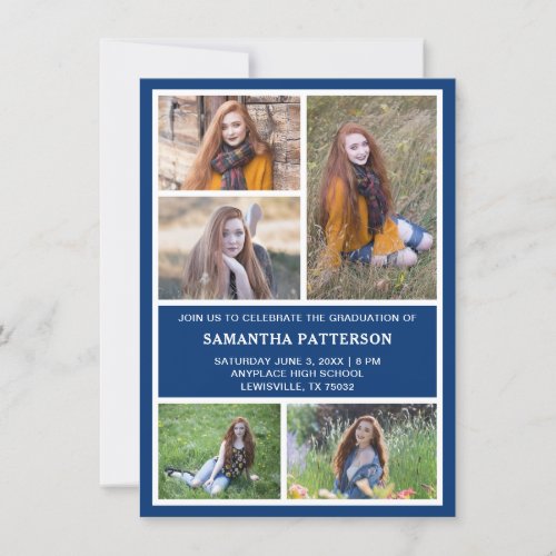  5 Photo Collage Blue  White Graduation Invitation