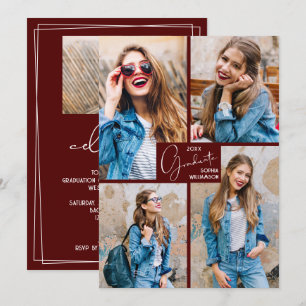 5 Photo Collage Dark Maroon Graduation Party Invitation