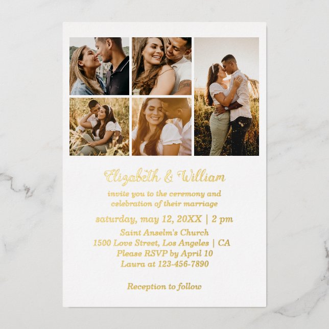 5 Photo Collage Elegant Foil Wedding Invitation (Front)