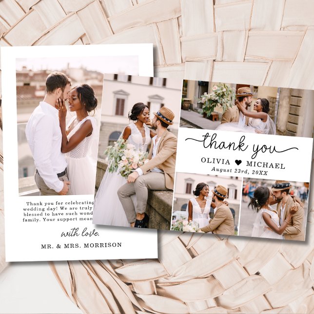 5 Photo Collage Elegant Script Wedding Thank You Card (Creator Uploaded)
