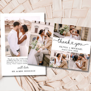 5 Photo Collage Elegant Script Wedding Thank You Card