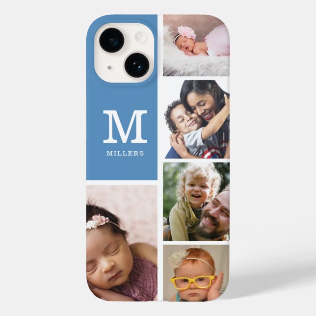 5 Photo Collage Family Monogram Name  Slate Blue   Case-Mate iPhone Case (Back)