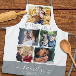 5 Photo Collage Family Name Quote Gray And White Apron