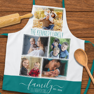 5 Photo Collage Family Name Quote Teal And White Apron