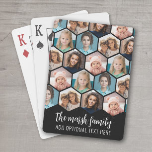 5 Photo Collage - funky hexagon pattern - black Poker Cards