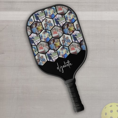 5 Photo Collage _ funky hexagon pattern _ name Pickleball Paddle